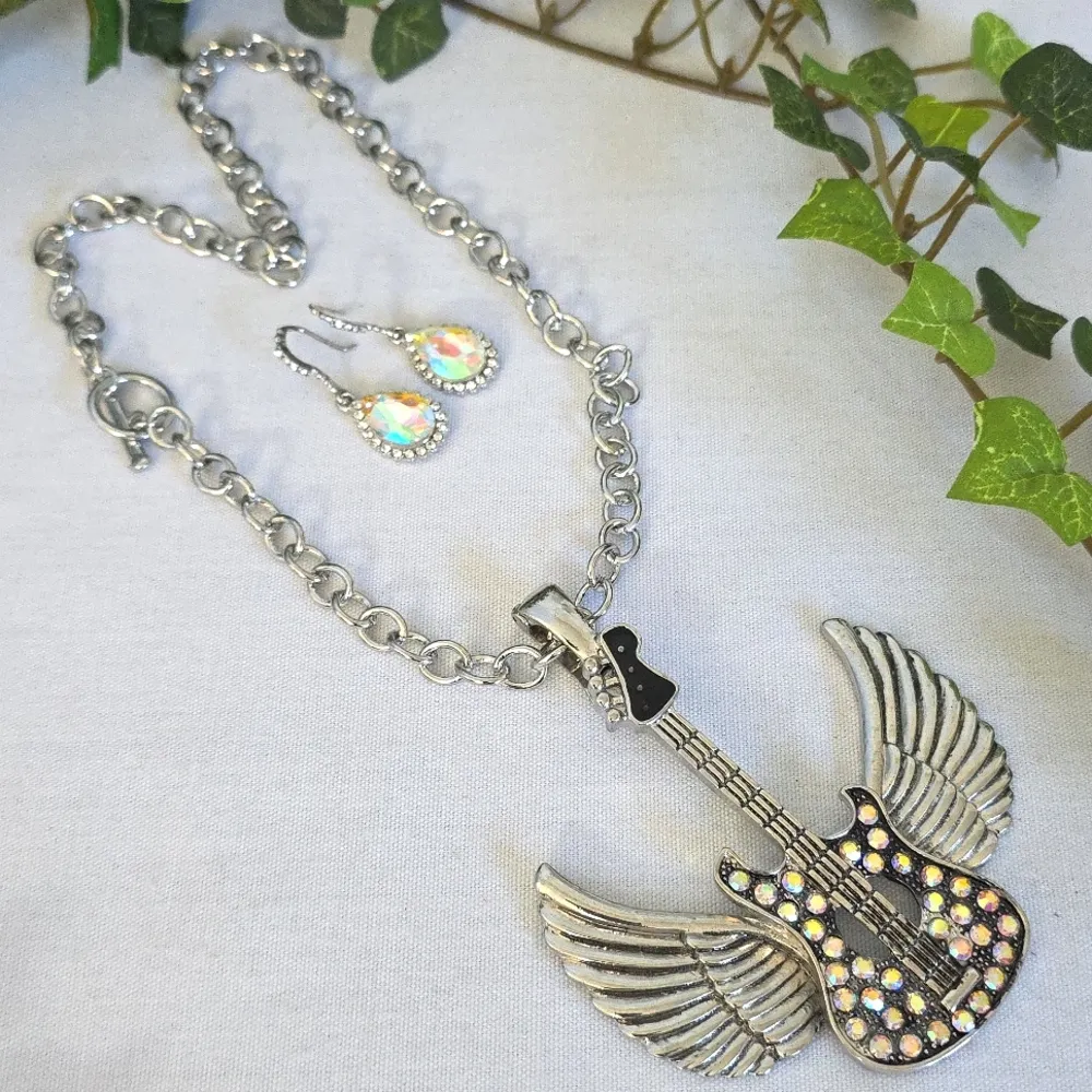 Statement Silver Guitar with Wings Large Pendant Necklace Set - Image 2