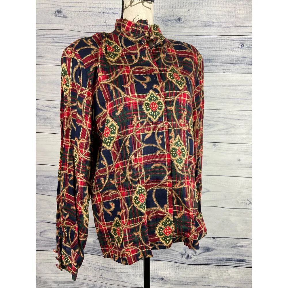 Vintage Talbots Button Up Plaid Shirt Womens 6 Holiday Flannel Rayon Wool USA - Image 4