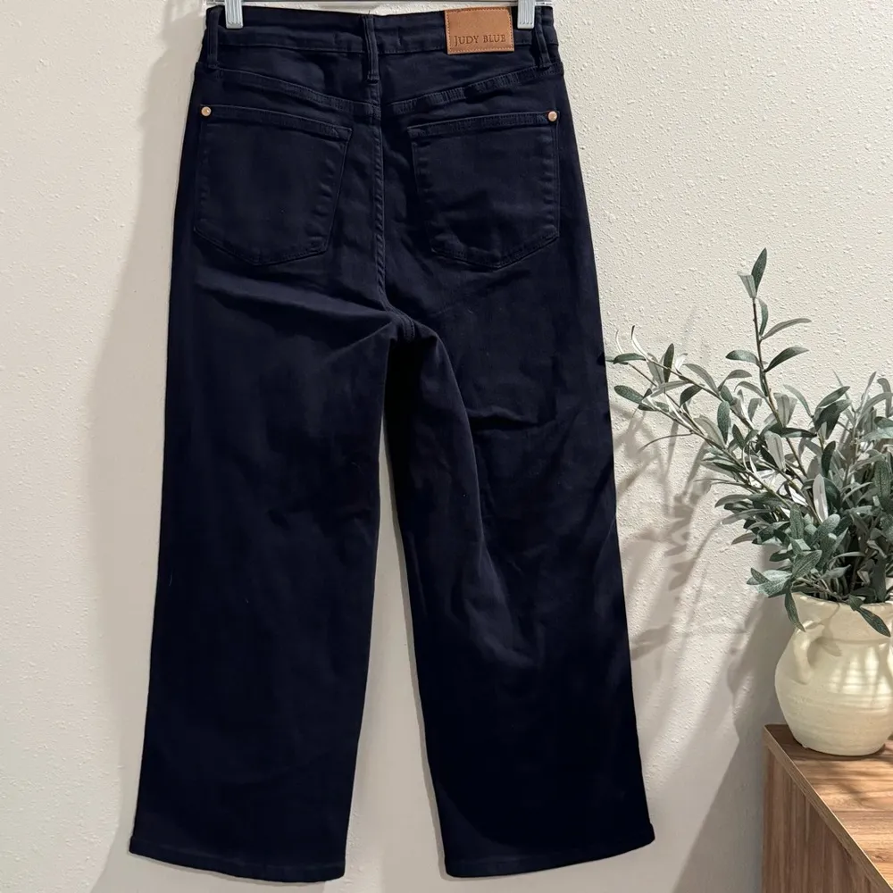 Judy Blue Navy Garment Dyed 5 Wide Leg Tummy Control Cropped High Waist Jeans - Image 2