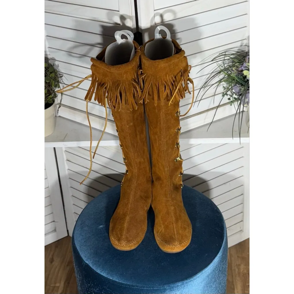 Vintage 70s Moccasin suede leather brown boots lace up knee high fringes sz 9 - Image 3