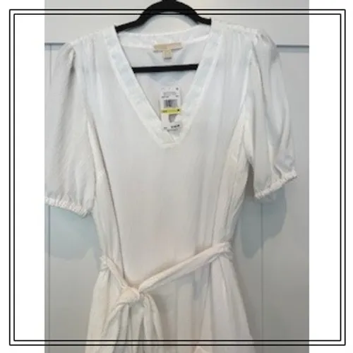 MICHAEL Michael Kors White Textured Puff Sleeve Tiered‎ Tie Waist Dress - Image 4