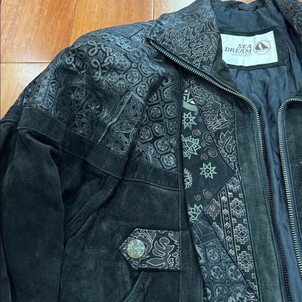 Sea dream Vintage 90s Black Suede Jacket with Embroidered Details Y2K Size S - Image 3