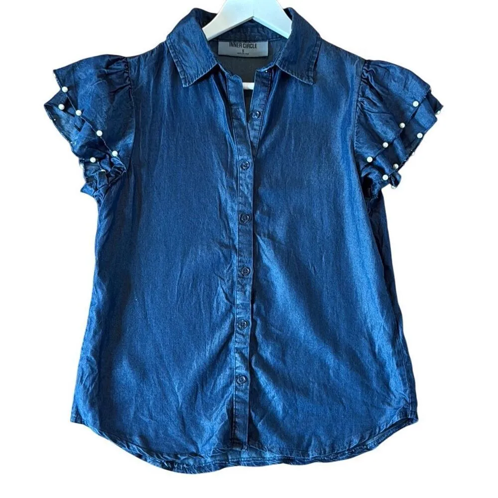 Inner Circle chambray denim ruffle pearl sleeve blouse s Blue - Image 2