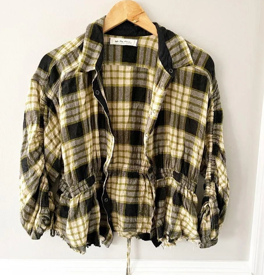 Free People Black Plaid Ruched Sleeve Pacific Dawn Button Down Shirt Size Medium - Image 8