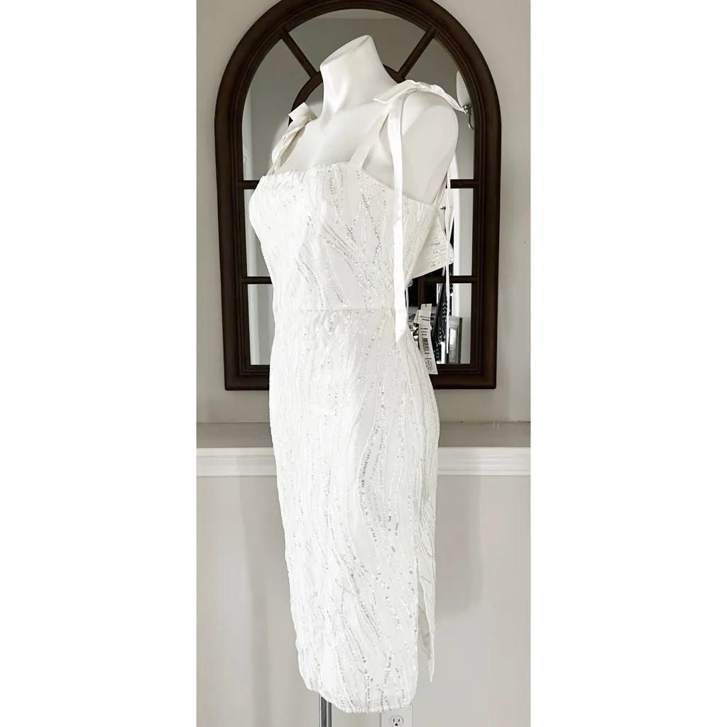 ML Monique Lhuillier Sequin Tie Shoulder Midi Dress in White, Size 2, NWT $595 - Image 7