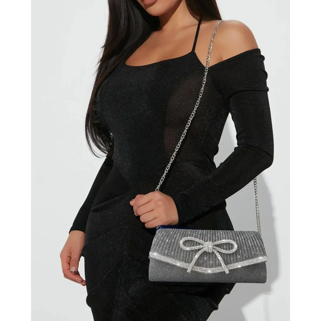 ⚡ Women's Gray Bow Sparkly Glitter Evening Rhinestone Party Prom Clutch Bag - Image 3