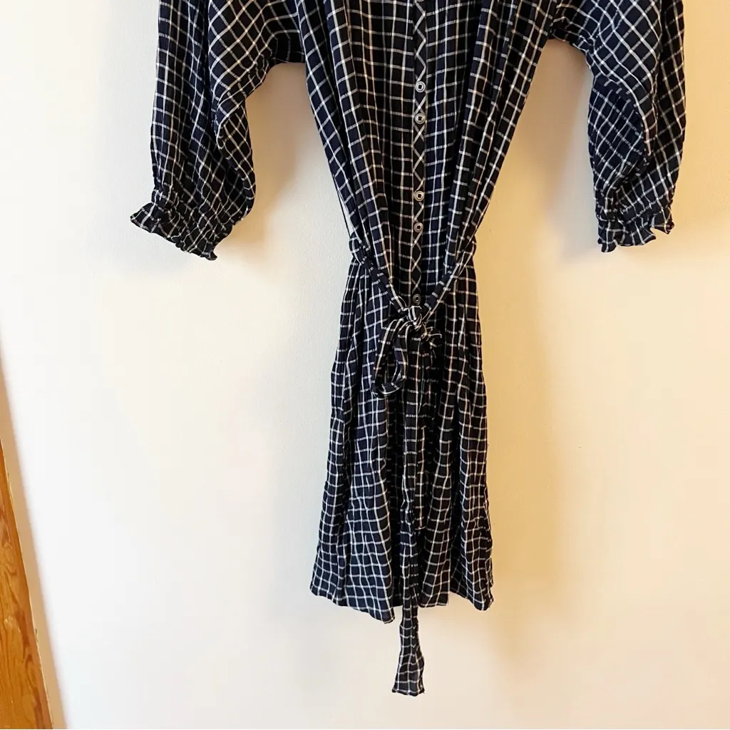 Anthropologie Maeve Sara Smocked Belted Tie-Waist Navy Plaid Shirt Dress XS - Image 4