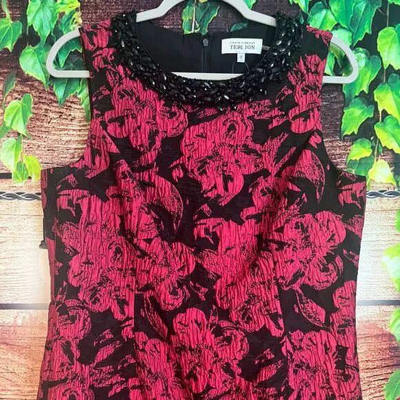 Teri Jon by Rickie Freeman Cocktail Sheath Dress Size 12 Floral Beaded Midi Black - Image 2