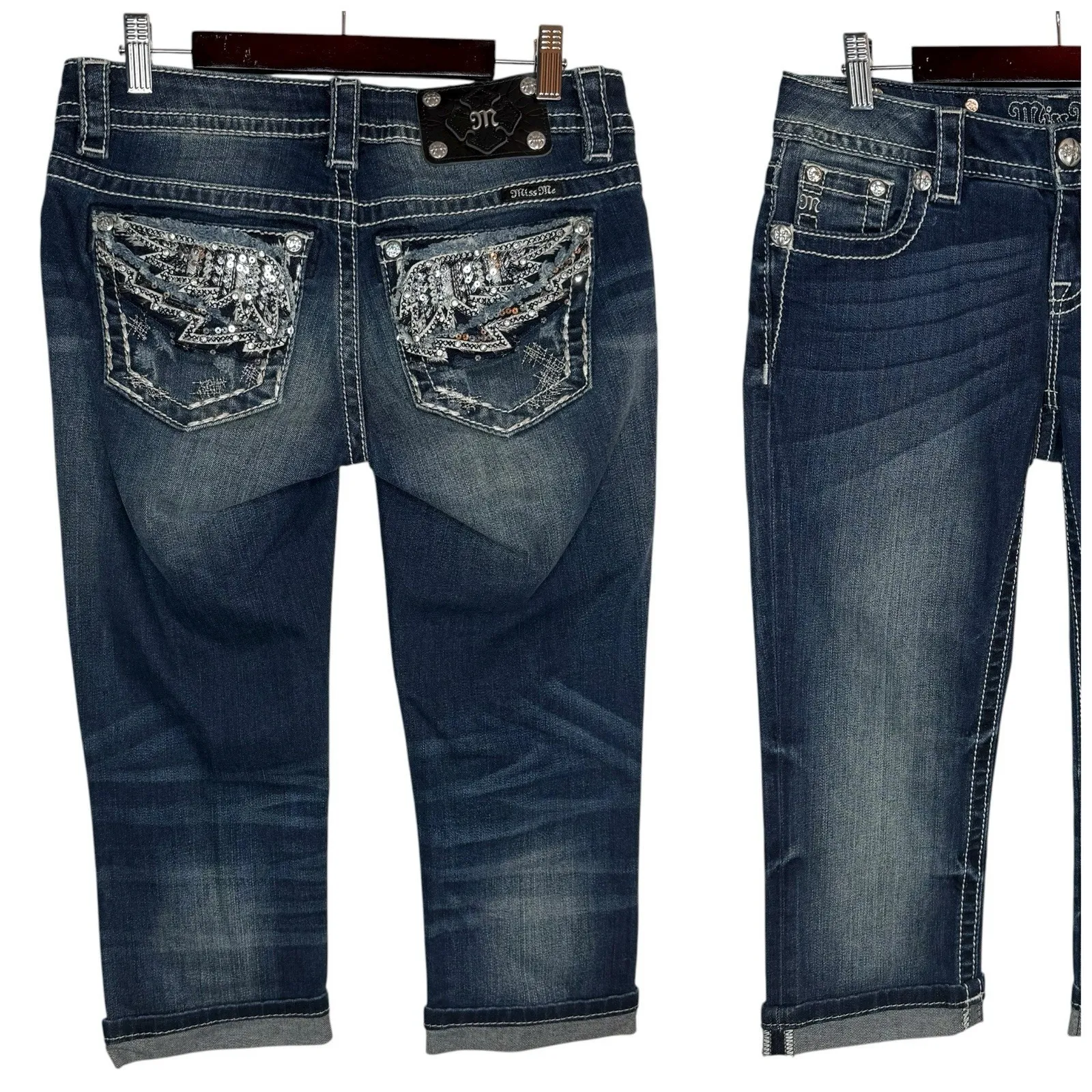 Miss Me Jeans Signature Cuffed Capri 25 Thick Stitched Sequin Embroidered‎ Wings - Image 2