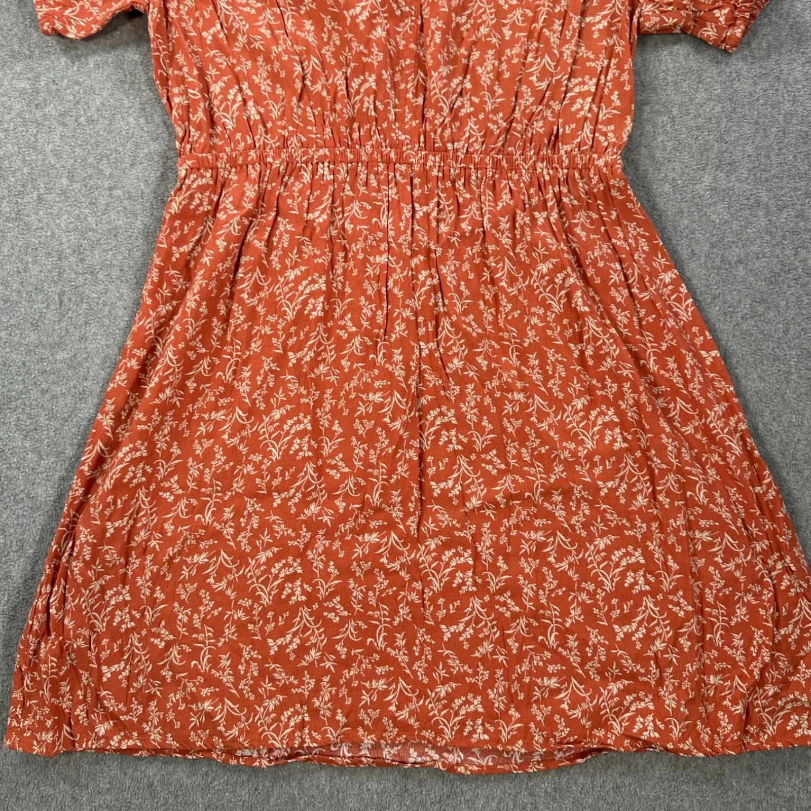 Loft Outlet Gathered Waist Short Sleeve Dress Womens Petite Medium Orange V-Neck - Image 5