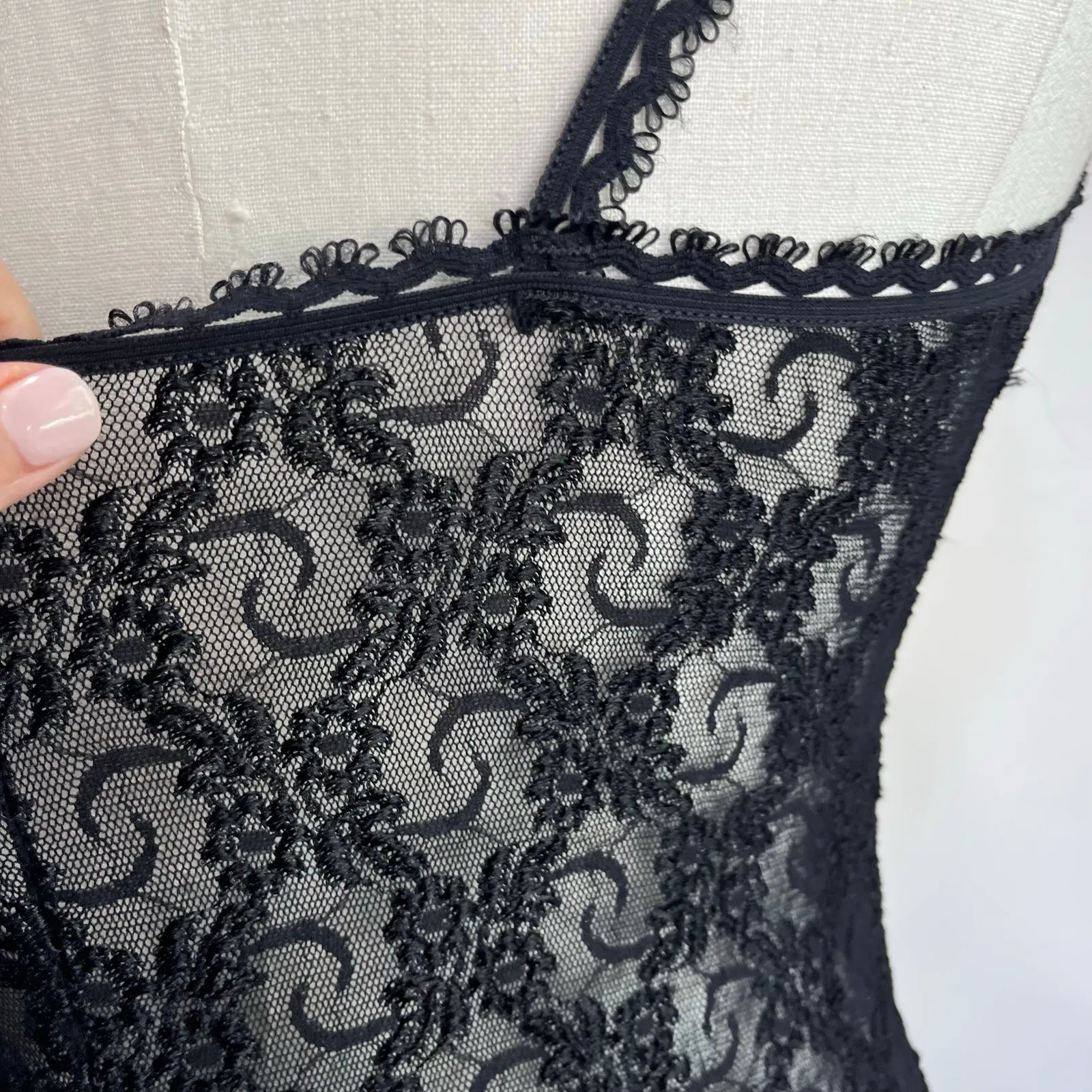 Petra Fashions Black Lace Sheer Romper Nightgown Y2K 90s Lingerie Size L - Image 5