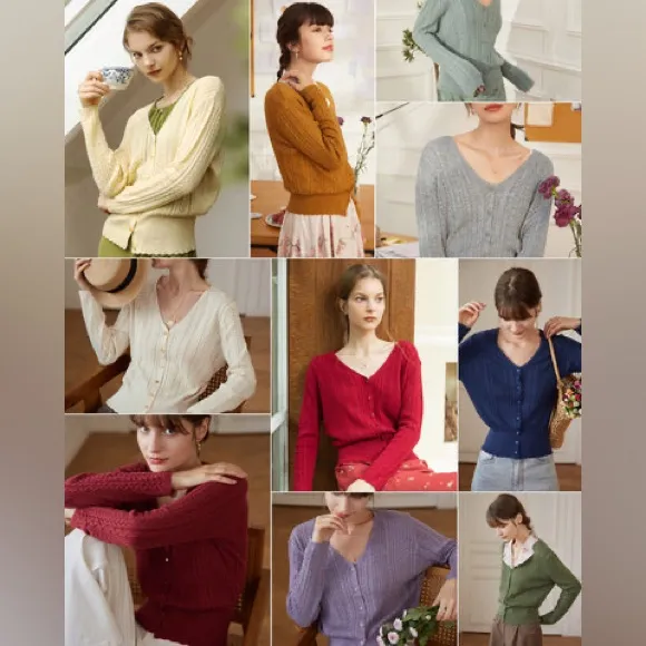 Simple Retro Scallop Trim Cable Knit Cardigan Sweater Tan Size M - Image 11