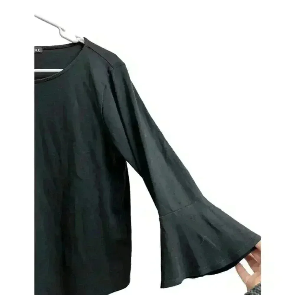 J Crew Mercantile‎ Black Women's Blouse Basic Round Neck Flounce Sleeves Medium - Image 3