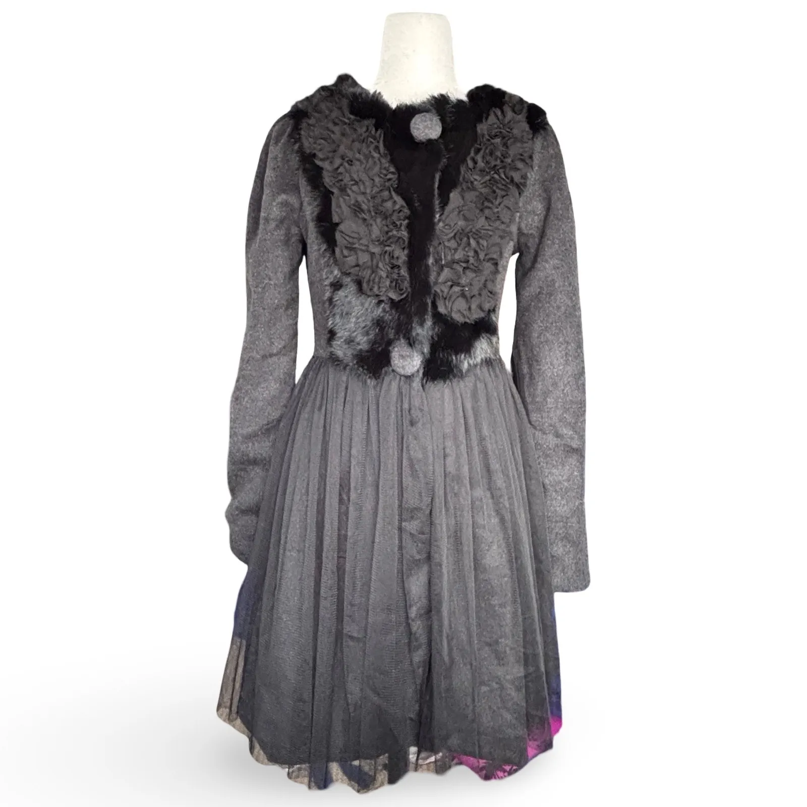 Ryu Charcoal Rabbit Fur Rosette Sheer Tulle Skirt Coat Dress Small Fairygrunge - Image 2