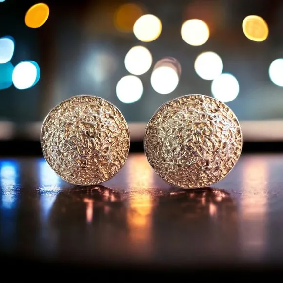 Vintage 80s Gold Tone Clip On Earrings Textured Dome Round Chunky 1.25" - Image 2