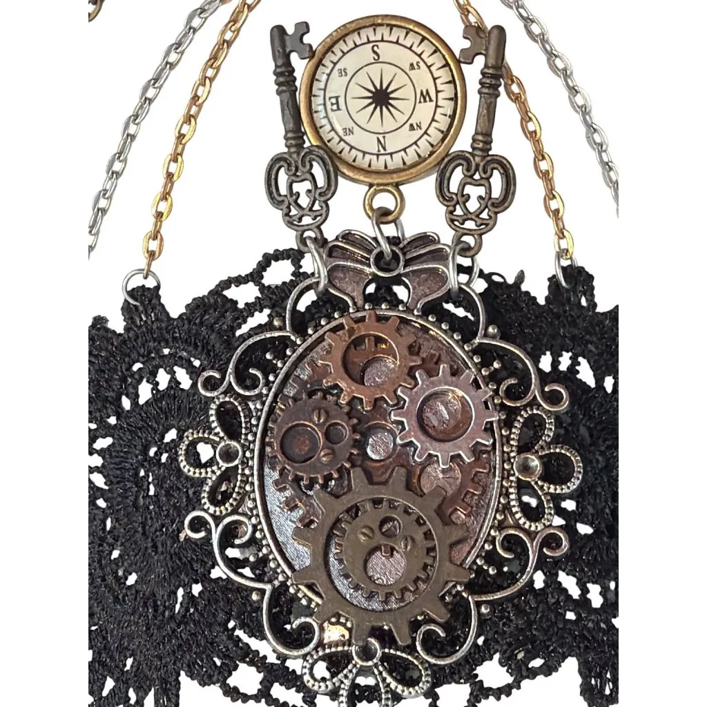 Steampunk Black Lace Choker Necklace Compass Key Charms Metal Gears Adj 15.5" - Image 2
