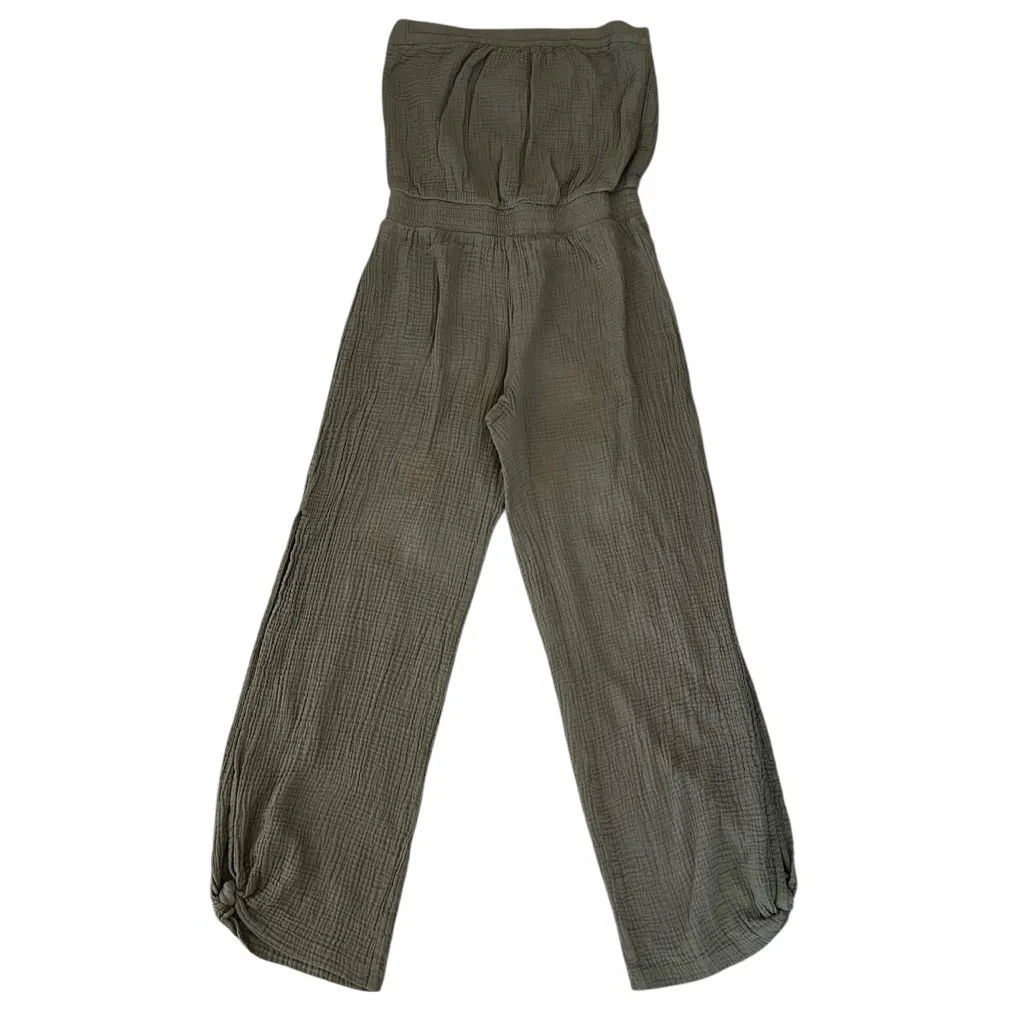 Drew Women’s Cotton Gauze Crinkle Strapless Straight Leg Jumpsuit Olive Romper M - Image 3