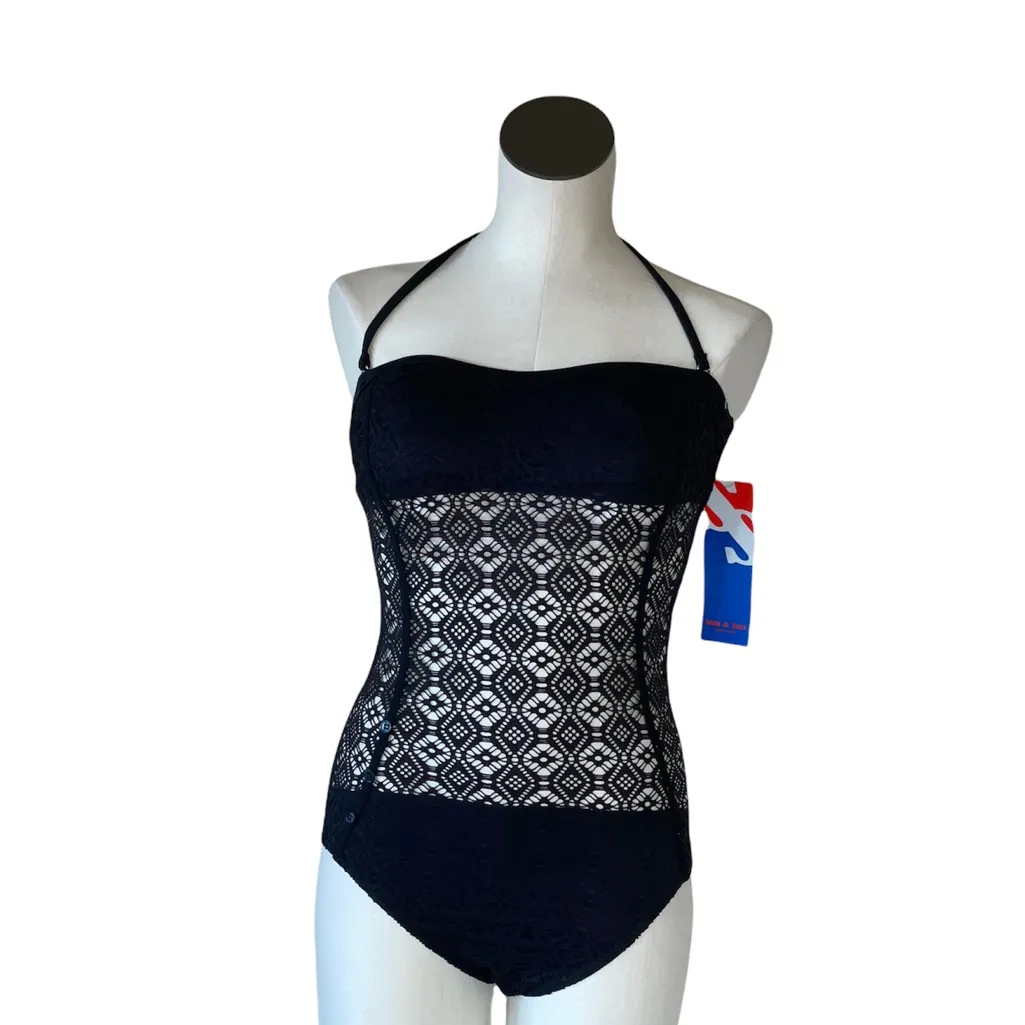 NWT SUN & SEA CROCHET LACE HALTER NECK ONE PIECE SWIMSUITS/ BODYSUIT Black Size 12 - Image 2