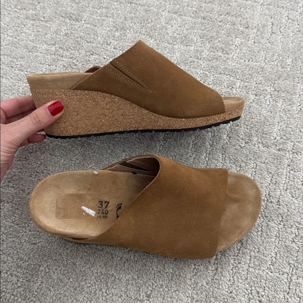 EUC Papillio by Birkenstock Namica Sandals Wedge tan suede cork sandal Brown Size 6 - Image 5