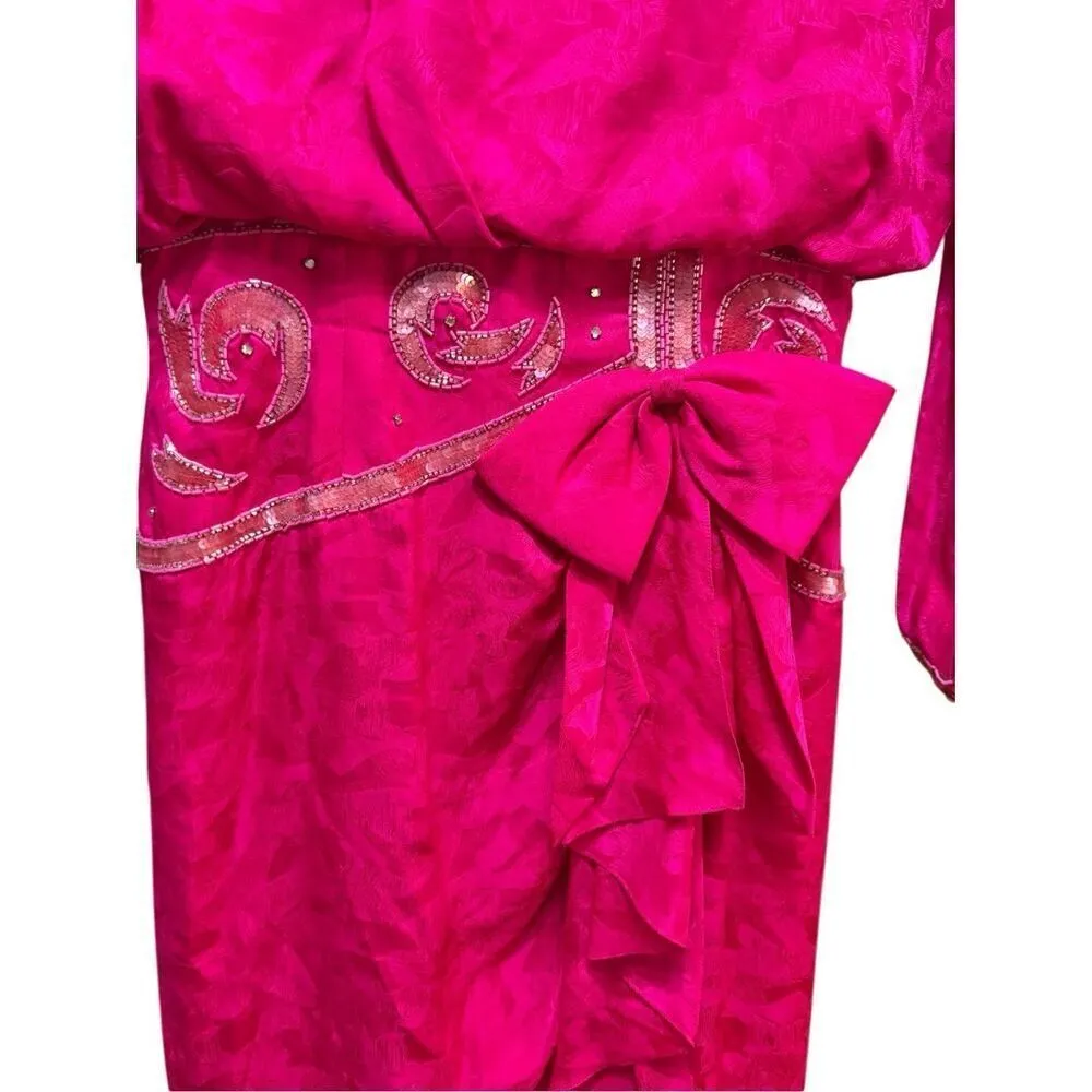 Spenser Jeremy Vintage 90s Hot Pink Magenta 100% Silk Beaded Midi Dress w/ Bow s Size 8 - Image 8