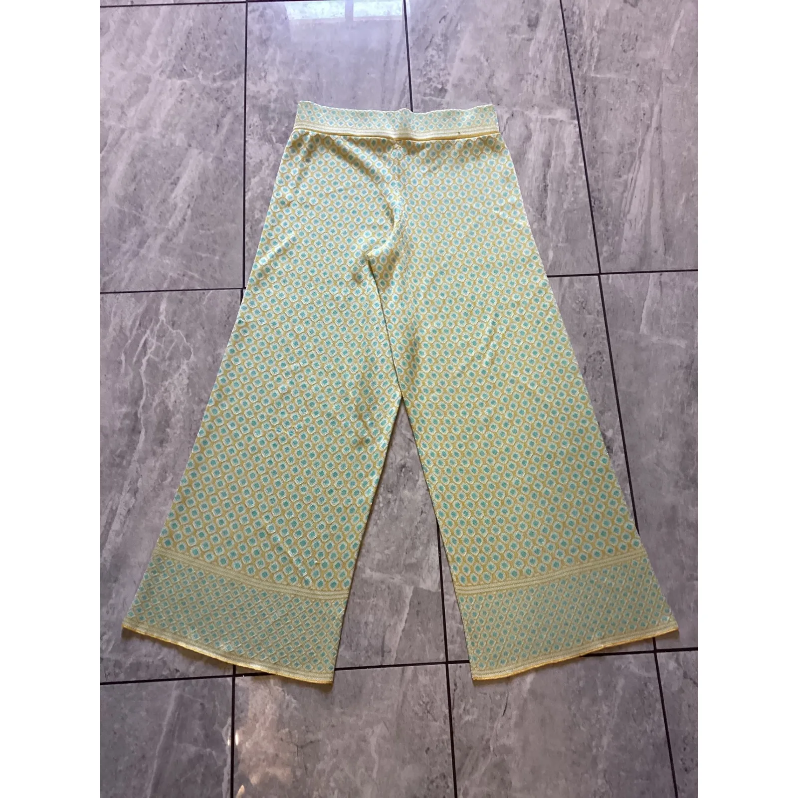 ZARA Geometric Pattern Wide Leg Knit Pants Women Size S Yellow Blue - Image 2