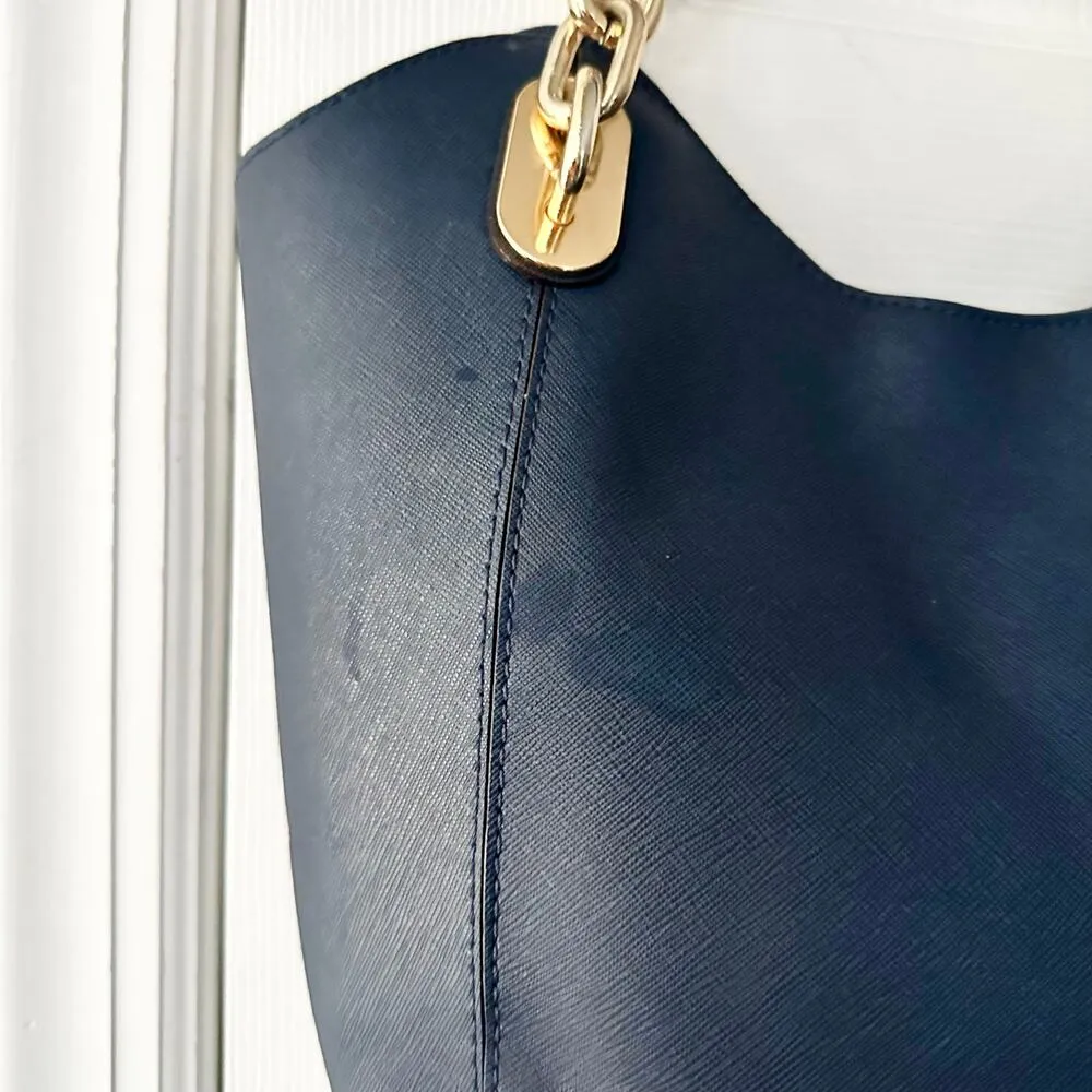 Michael Kors Lily Blue Saffiano Leather Gold Chain Hobo Shoulder Bag MK Fob - Image 11