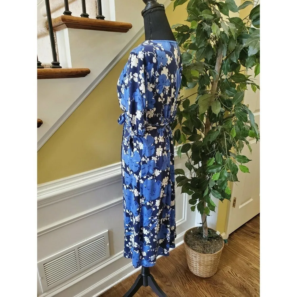 MERONA Dress M Blue Floral Stretch Faux Wrap - Image 5