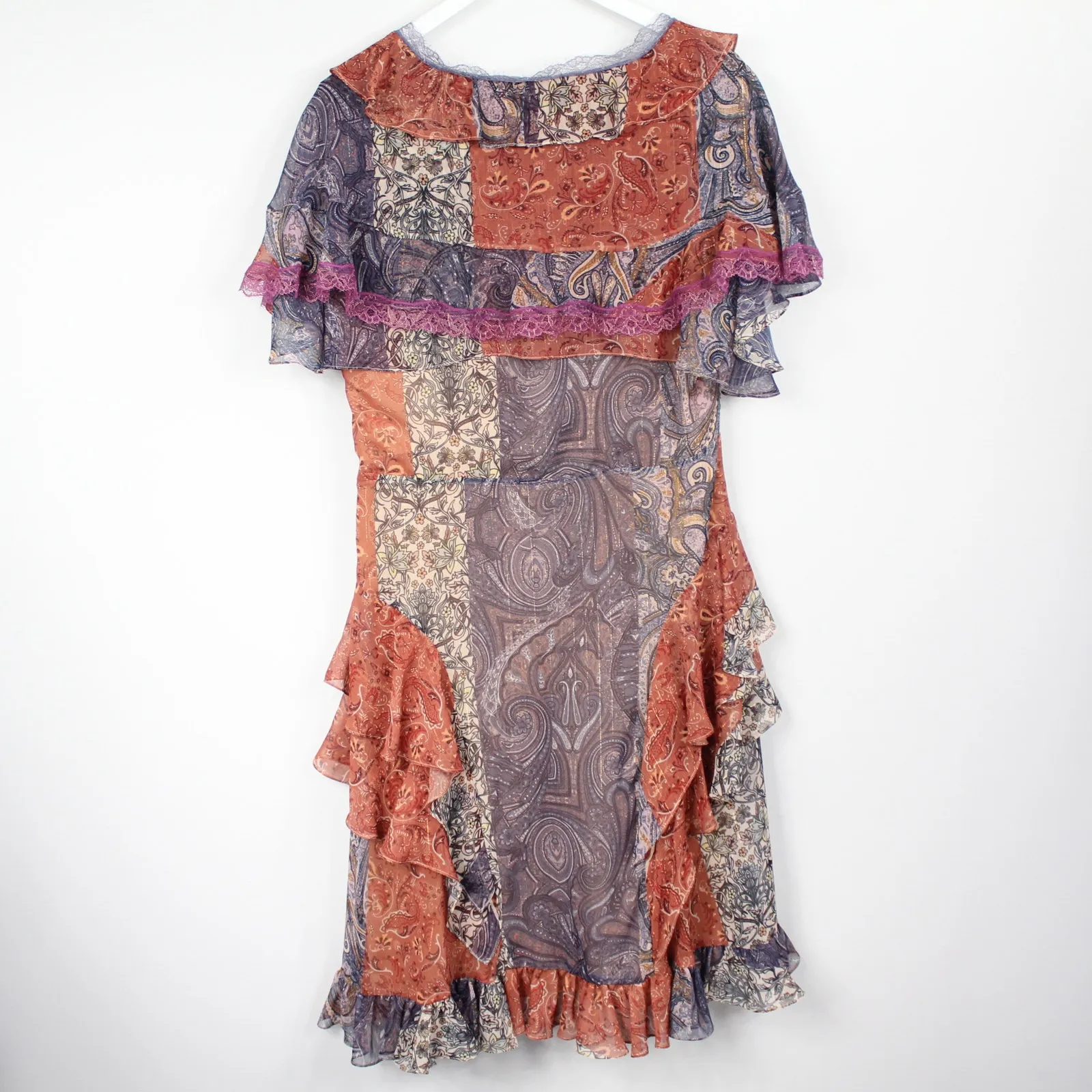 Costarellos Frill Ruffle Tiered Dress Bohemian Cottagcore Paisley Patches Orange Size undefined - Image 6