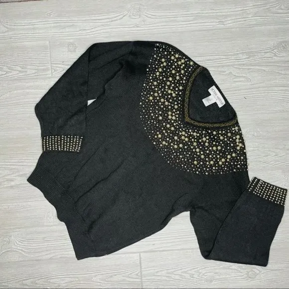 Vintage black beaded Victoria Jones long sleeve sweater woven knit petite large - Image 2