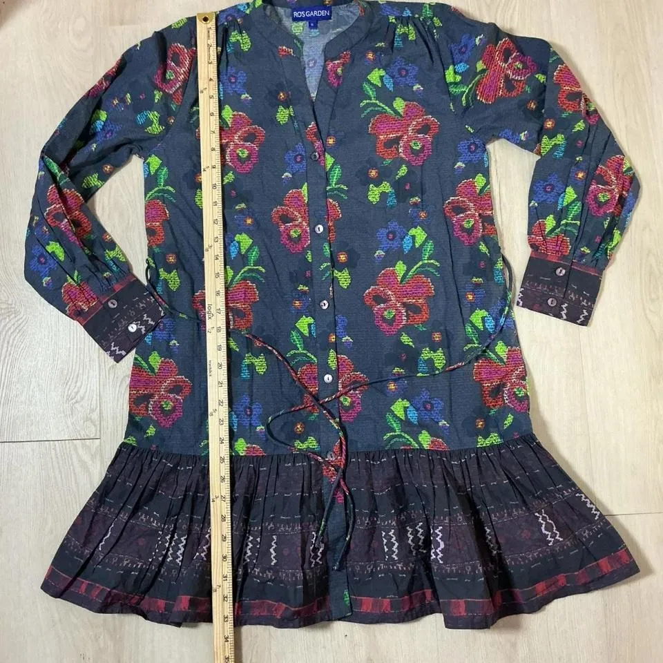 Floral Print Dress Long‎ Sleeve Mini Dress Colorful Bohemian Dress Black - Image 6