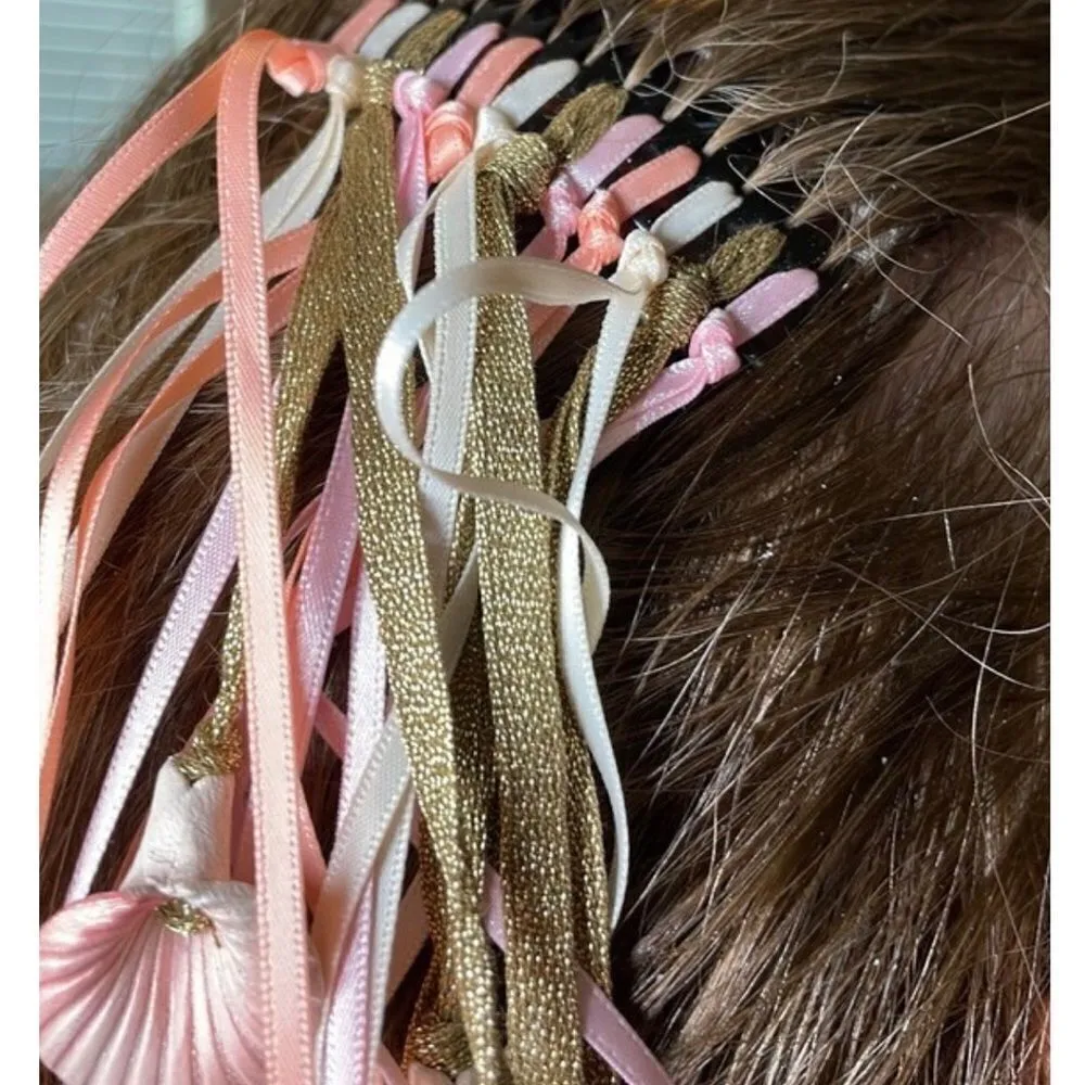 Vintage 80s Lurex Metallic Floral Ribbons Hair Comb Pink - Image 7
