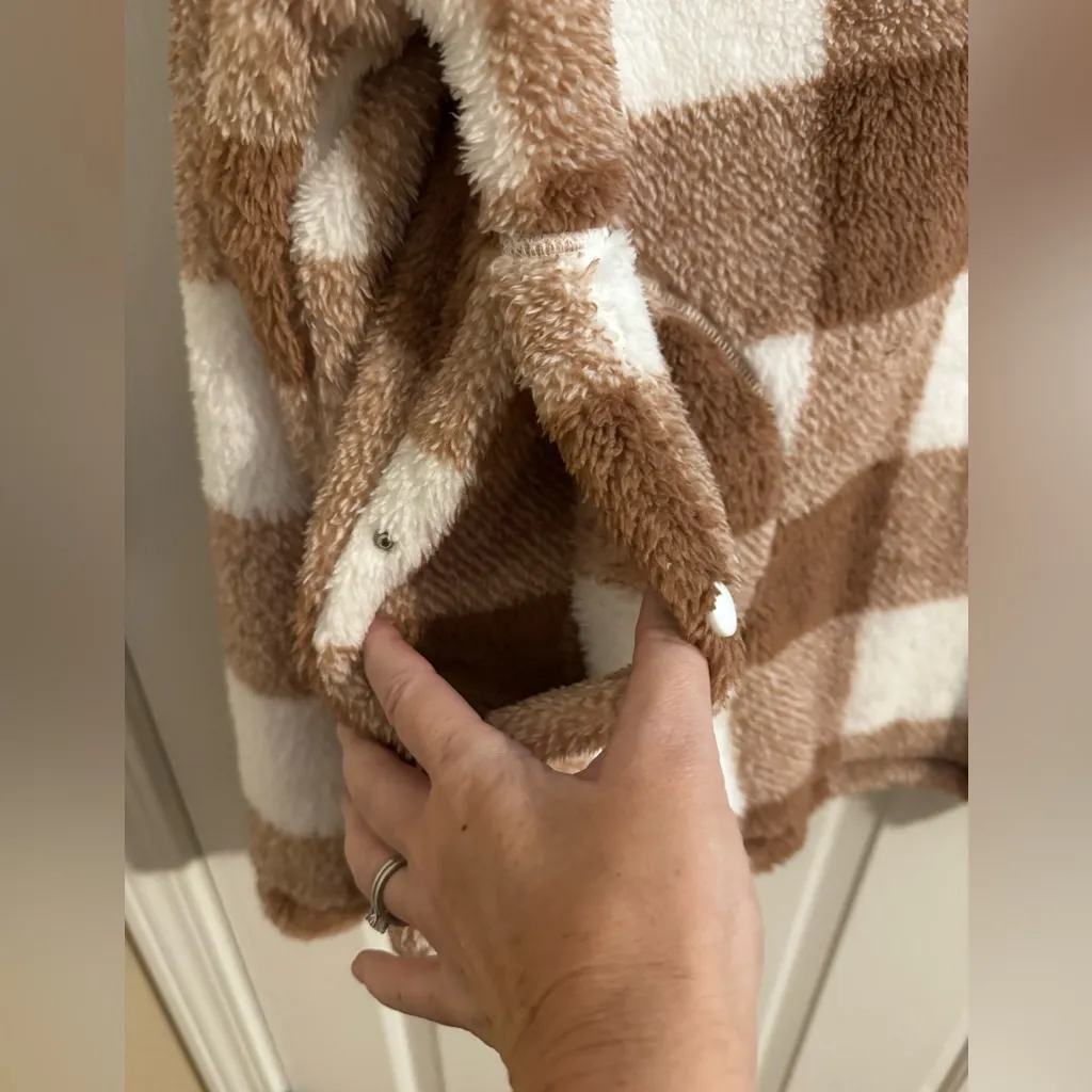 Heyson Oversized 1/4 Zip Sherpa Tan White Plaid Snap Pockets Lined Size S - Image 4