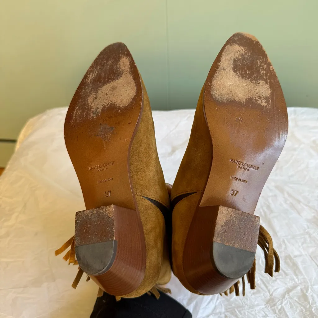 Saint Laurent Rock 40 Tan Suede Chelsea Boots w/ Fringe, Size 37, Box + Dustbags - Image 12