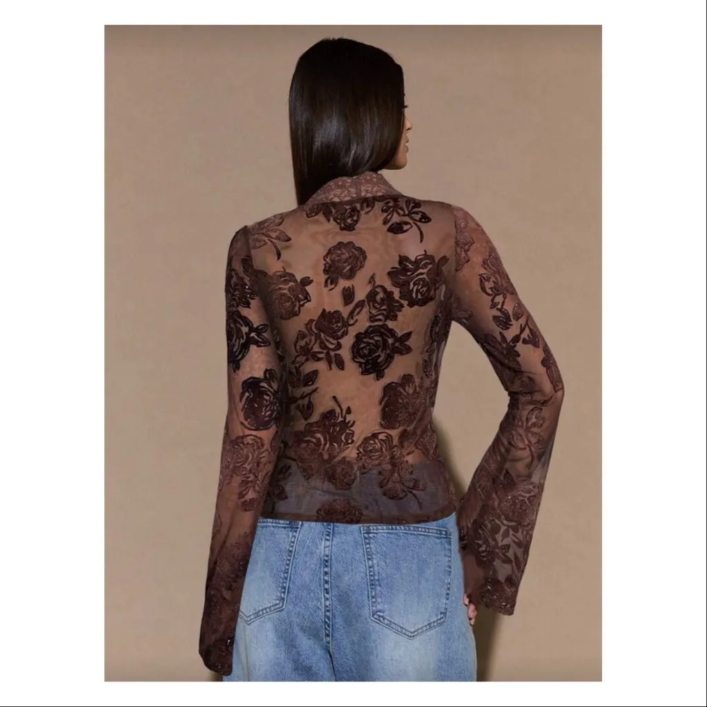 SHEIN BAE Women's Brown Long Sleeve Deep V-Neck Flocked/ Lace Top/ Brand New - Image 8