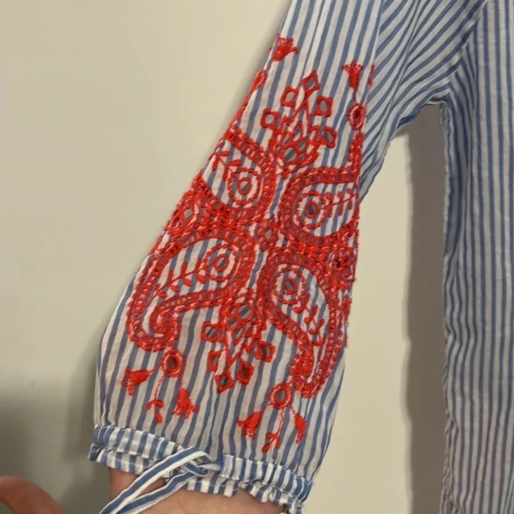 J Crew Striped Nautical Floral Embroidered 3/4
Sleeve Tunic Blouse Top Dress - Image 2