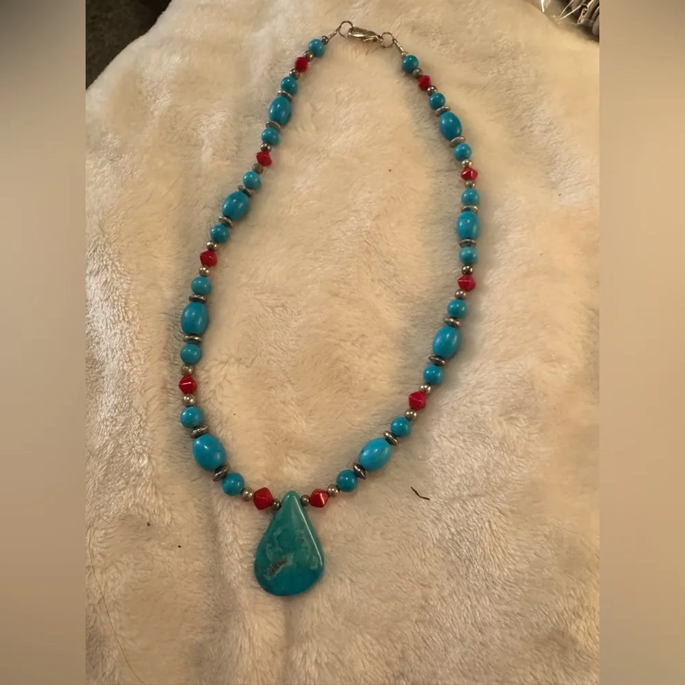 Beaded Necklace w/ Teardrop Howlite Stone Pendant 16” Long Boho Southwestern - Image 2