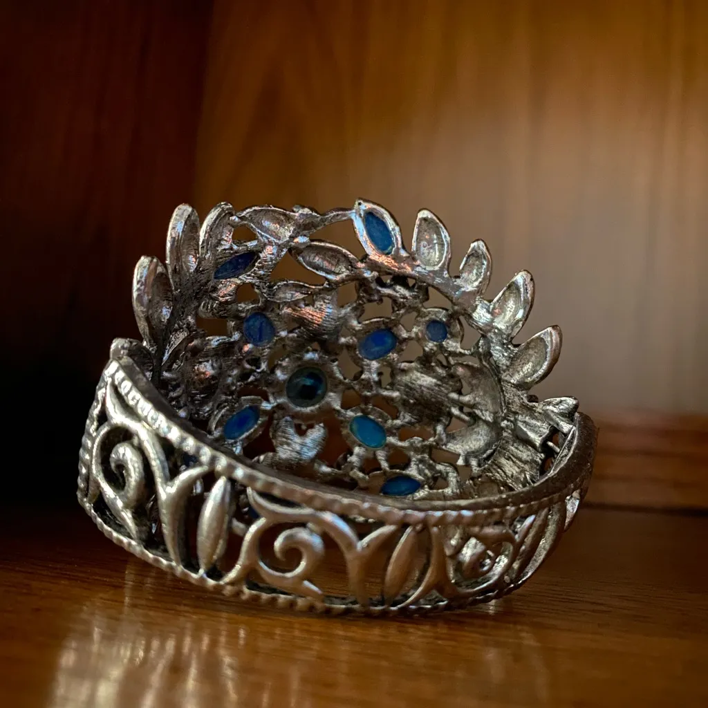 Ornate Turquoise Floral Hinged Cuff Bracelet | Silver Tone Statement - Image 4