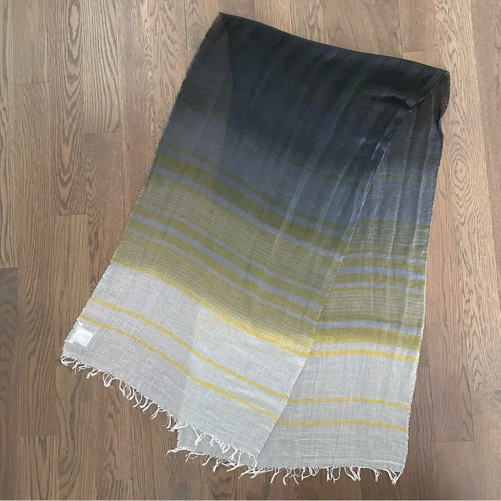 Eileen Fisher Linen/Cotton Blend Striped Oblong Scarf Slate Blue, Yellow, Grey - Image 5