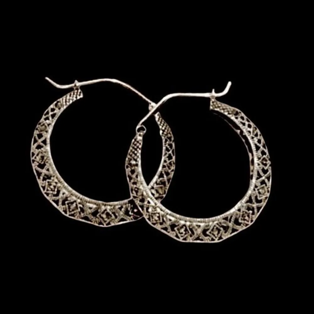 Vintage Sterling Silver Marcasite Cut Out Hinge Back Classic Hoops Earrings - Image 11