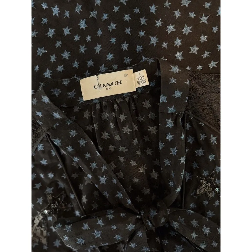 Coach Womens Top Black Star Print Sleeveless Tie Neck Blouse Silk Sheer Size 0 - Image 3