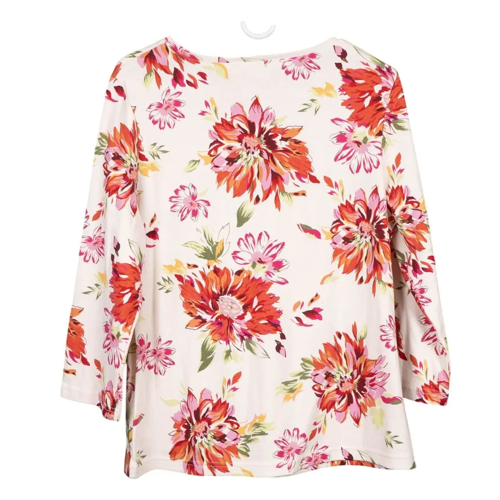 Y2K Floral TShirt XL 16 18 Womens Cream Red Pink Sequin Beads 3/4 Sleeve Cotton - Image 5