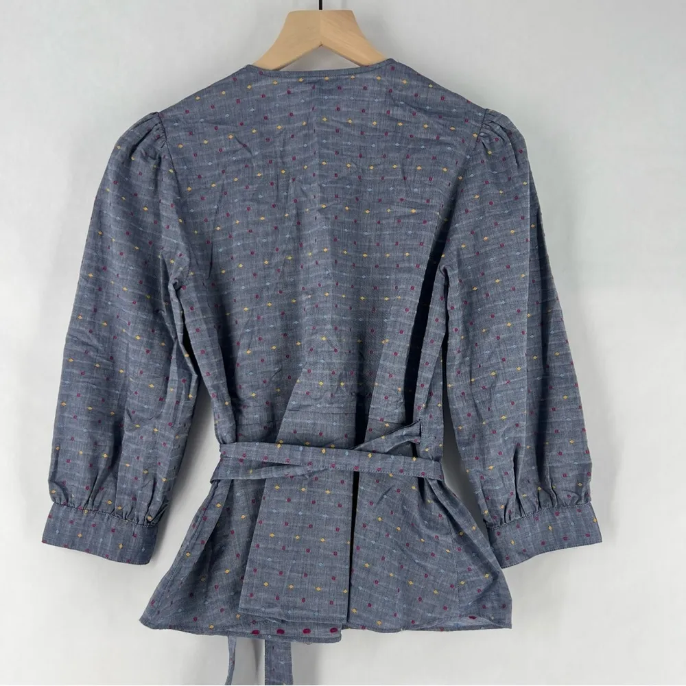 Draper James Size 4‎ Multicolor Polka Dot Lightweight Chambray V Neck Wrap Top - Image 6