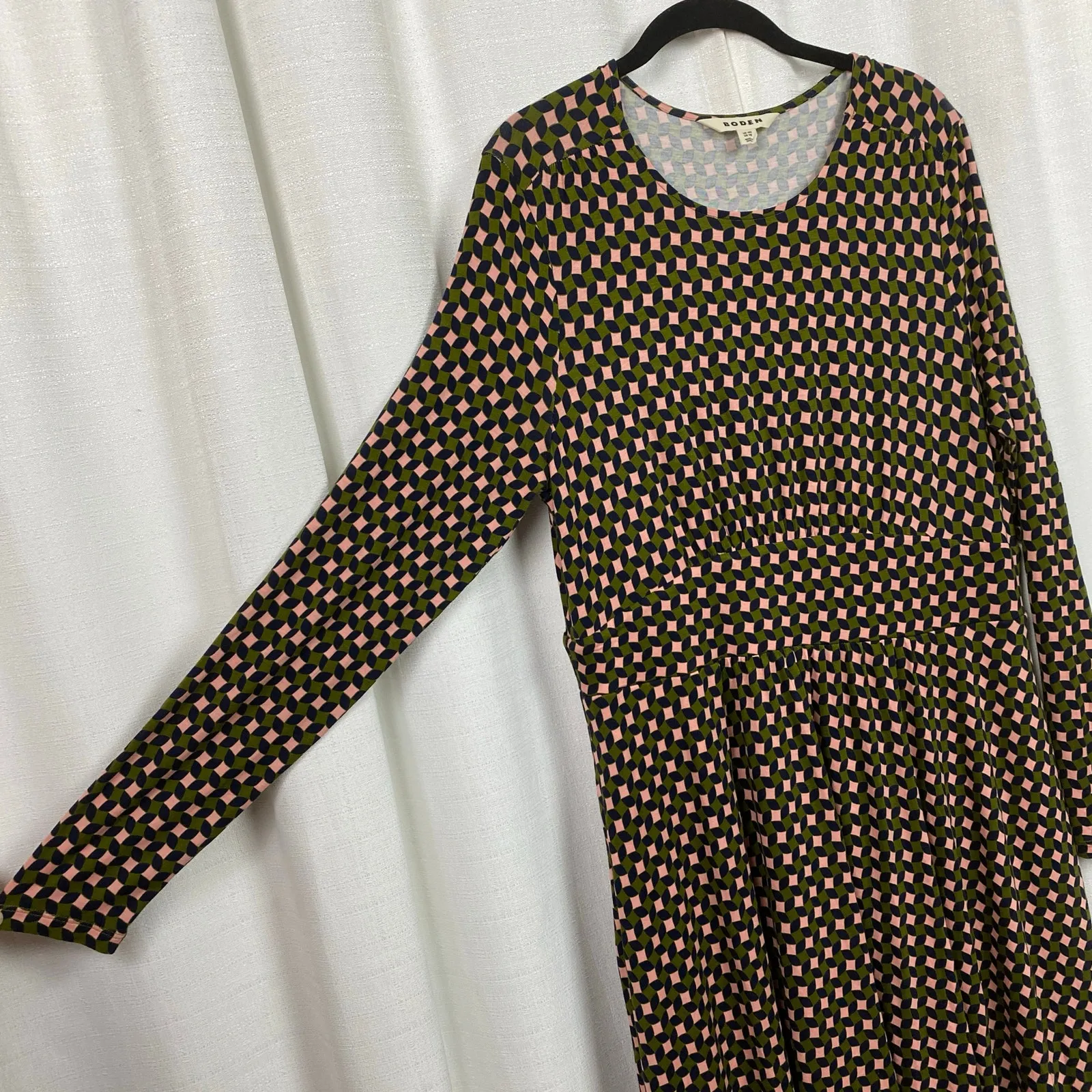 Boden Olive Green&Pink Abstract Diamond Long Sleeve Jersey Thea Dress Sz.12R Green Size 12 - Image 8