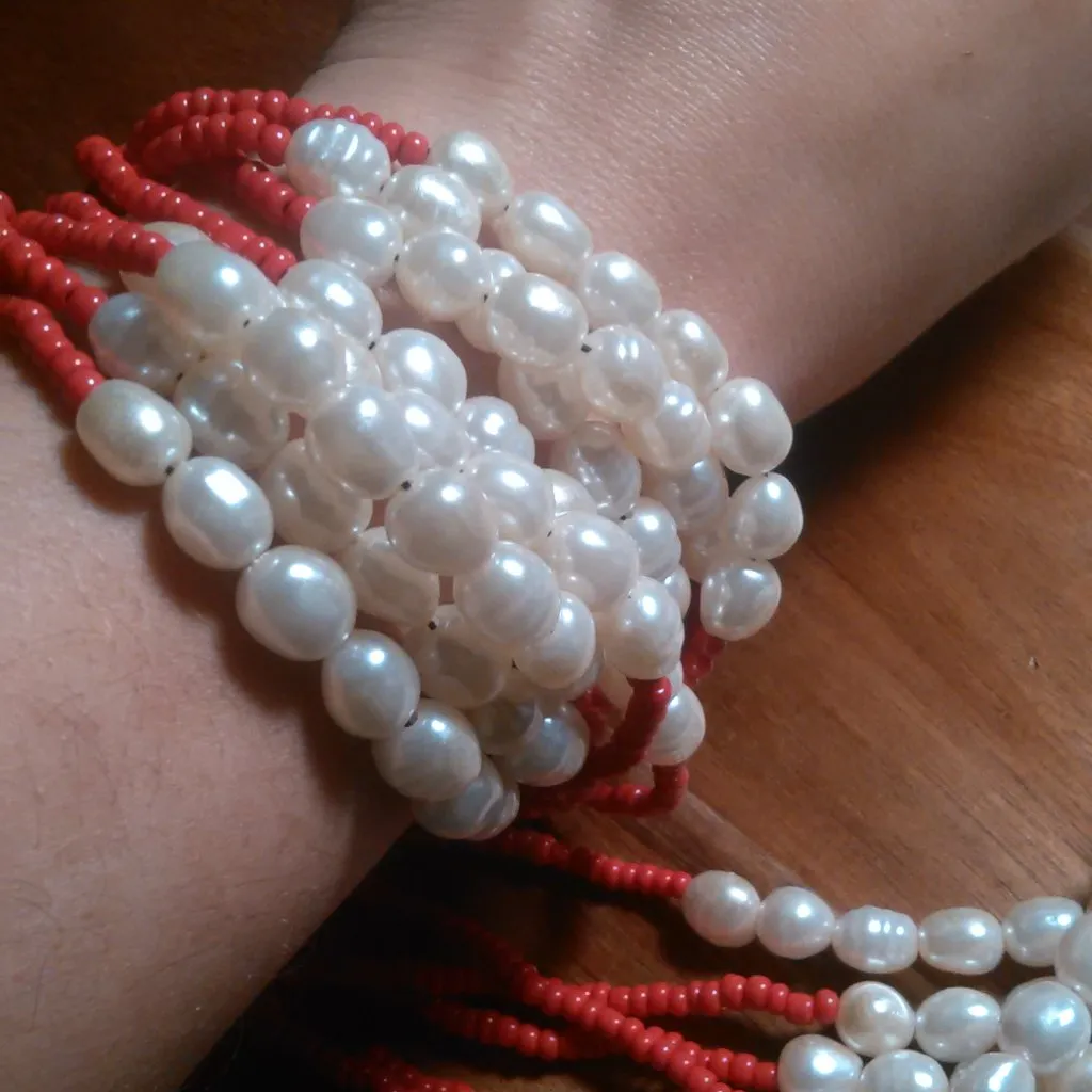 Red Seed Bead and Faux White Pearl Multi - Image 5
