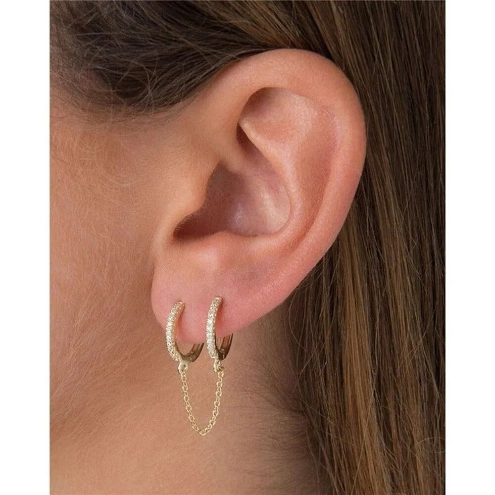 Boho 2 Tiny Double Huggie Hoop Cuffs Tassel Chain Dangle Earrings Gold A0116 - Image 11