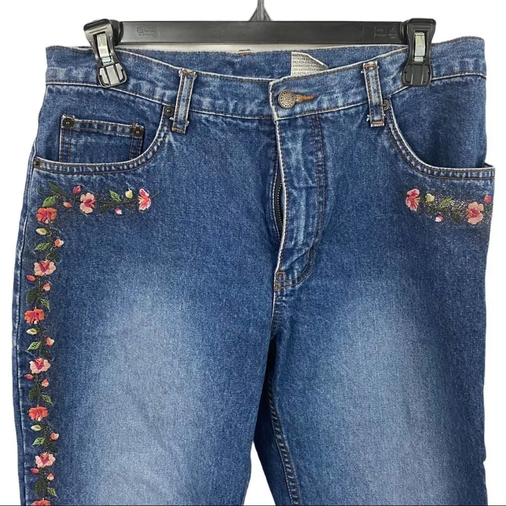 Vintage Bill Blass Flower Embroidered High Rise Blue Jeans Size 8 Petite - Image 5