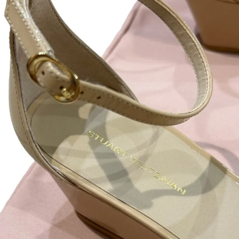 NEW Stuart Weitzman 9 Nudistcurve 50 Patent Wedge Heel Sandal Beige Tan Minimal - Image 11
