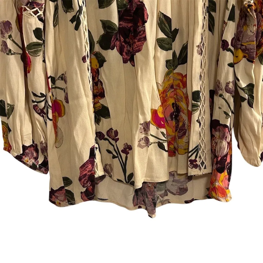 Oddy Women's S Floral Boho Blouse Ivory Multicolor Cold Shoulder Purple - Image 4