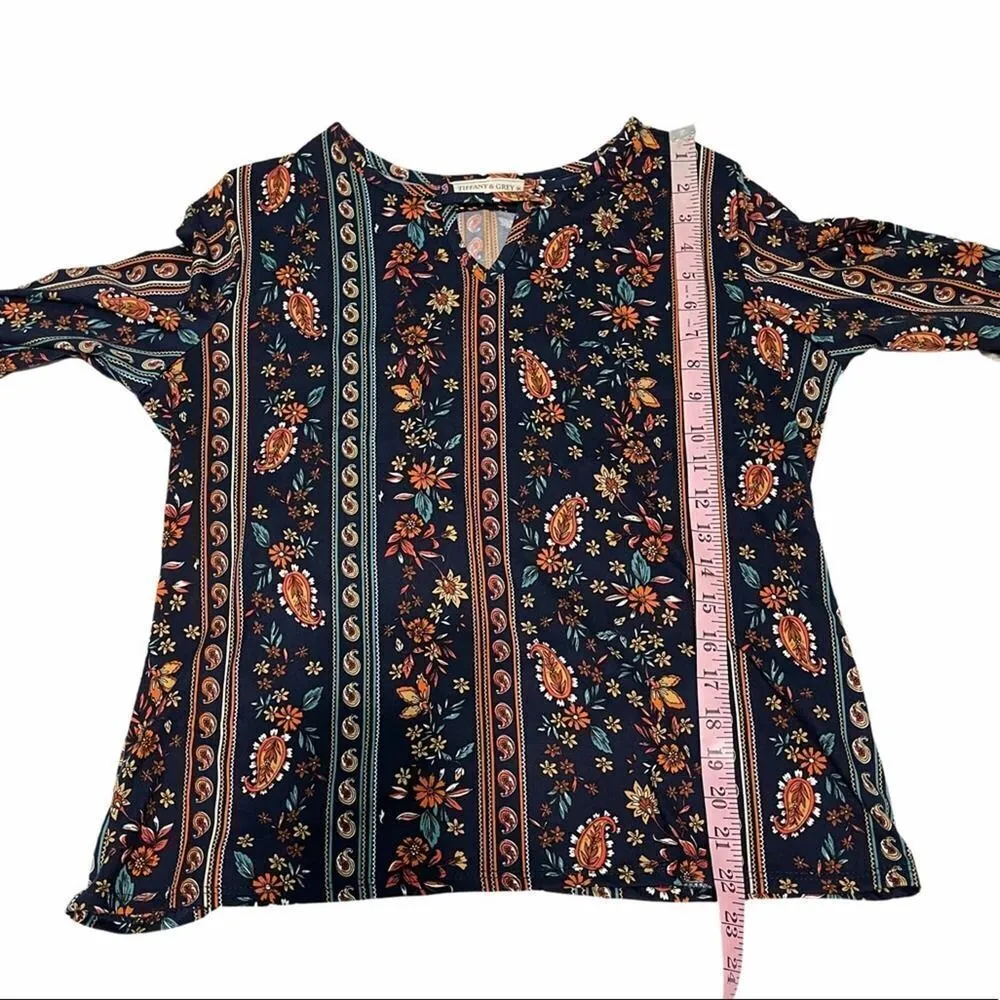 Tiffany‎ Grey Floral Bar Blouse Petite Medium Blue Size undefined - Image 6