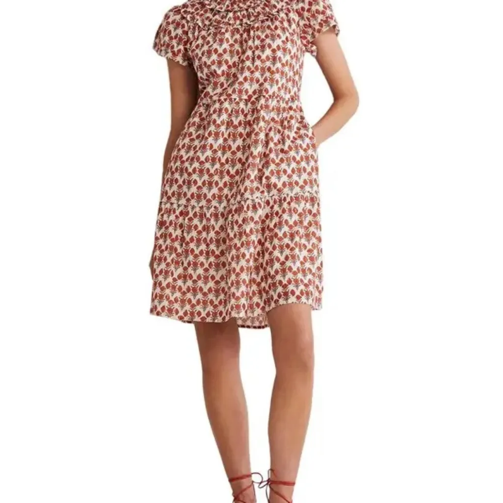 Boden Ruched Detail Metallic Dress Cream Red Poppy Gold US Size 12 - Image 5